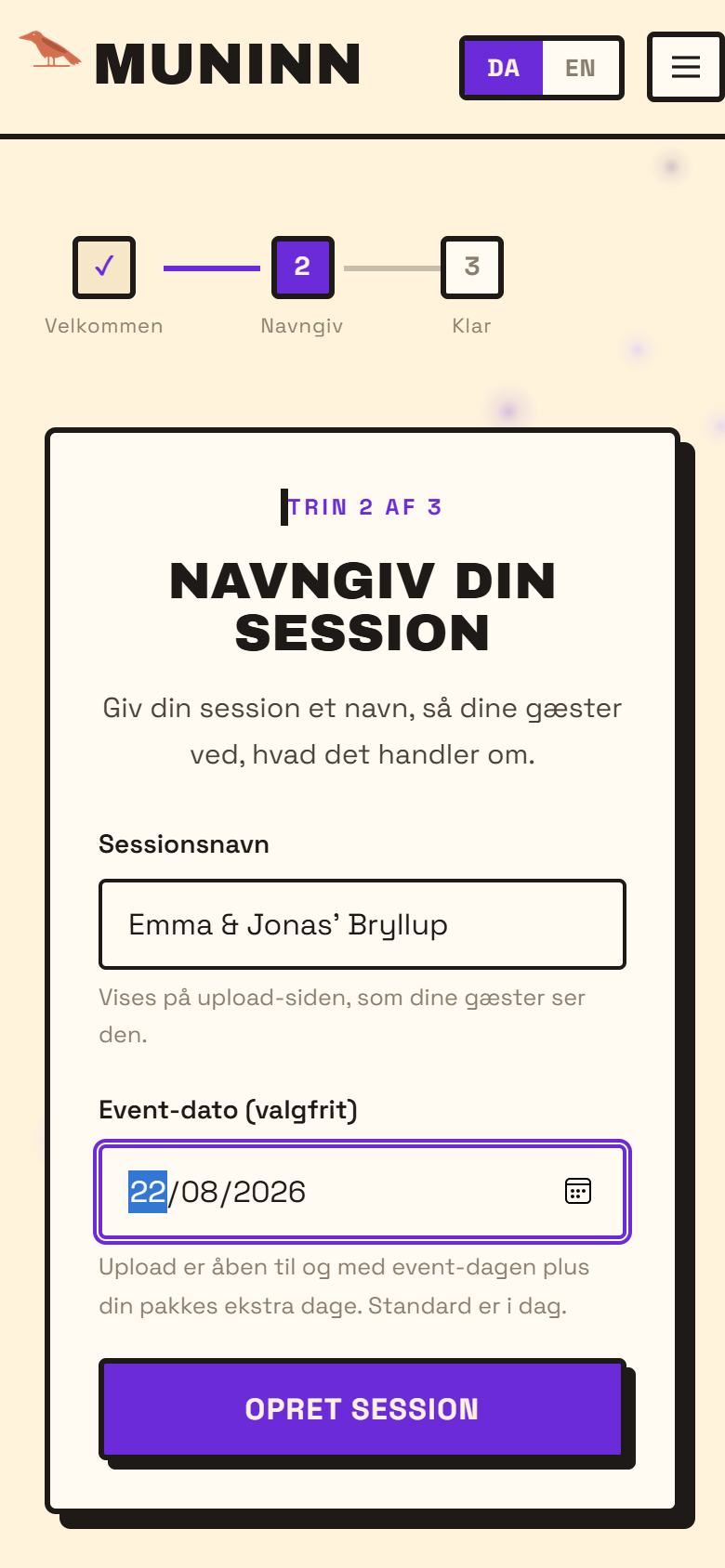 Mockup: Navngiv din session og vælg event-dato